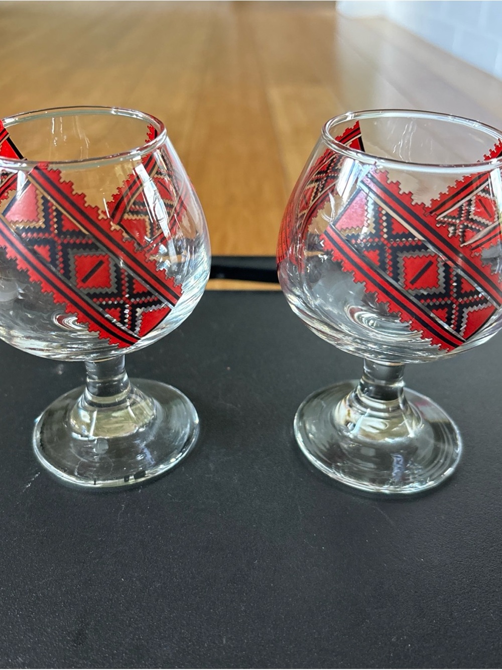 Pair of Small Brandy Snifters with Traditional Red & Black Ukrainian Design